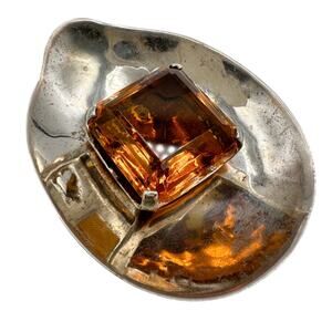 Fred A. Block 1950s Sterling Silver Fur Clip Faux Citrine Orange Stone Vintage